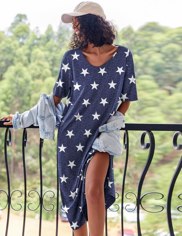 Ekouaer Long Nightgown for Women Short Sleeve Sleepwear Plus Size Loungewear with Pockets M-5XL - Image 4