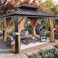 10 x 12 ft Hardtop Gazebo, Galvanized Steel Double Roof with Curtains and Netting, Aluminum Frame Patio Gazebo for Patio, Garden and Lawn