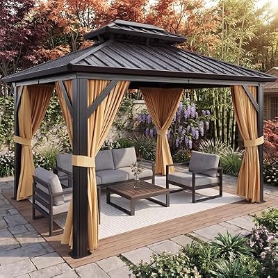 10 x 12 ft Hardtop Gazebo, Galvanized Steel Double Roof with Curtains and Netting, Aluminum Frame Patio Gazebo for Patio, Garden and Lawn