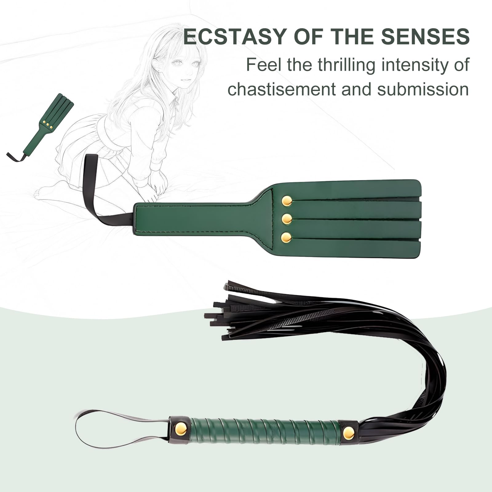 Bondage Set 15 Pièces BDSM Kit de Contrainte Réglable pour Couples avec Menottes Bandeau Bâillon & Fouet Équipement de Bondage pour Débutants à Avancés Durable et Doux pour la Peau (Vert)
