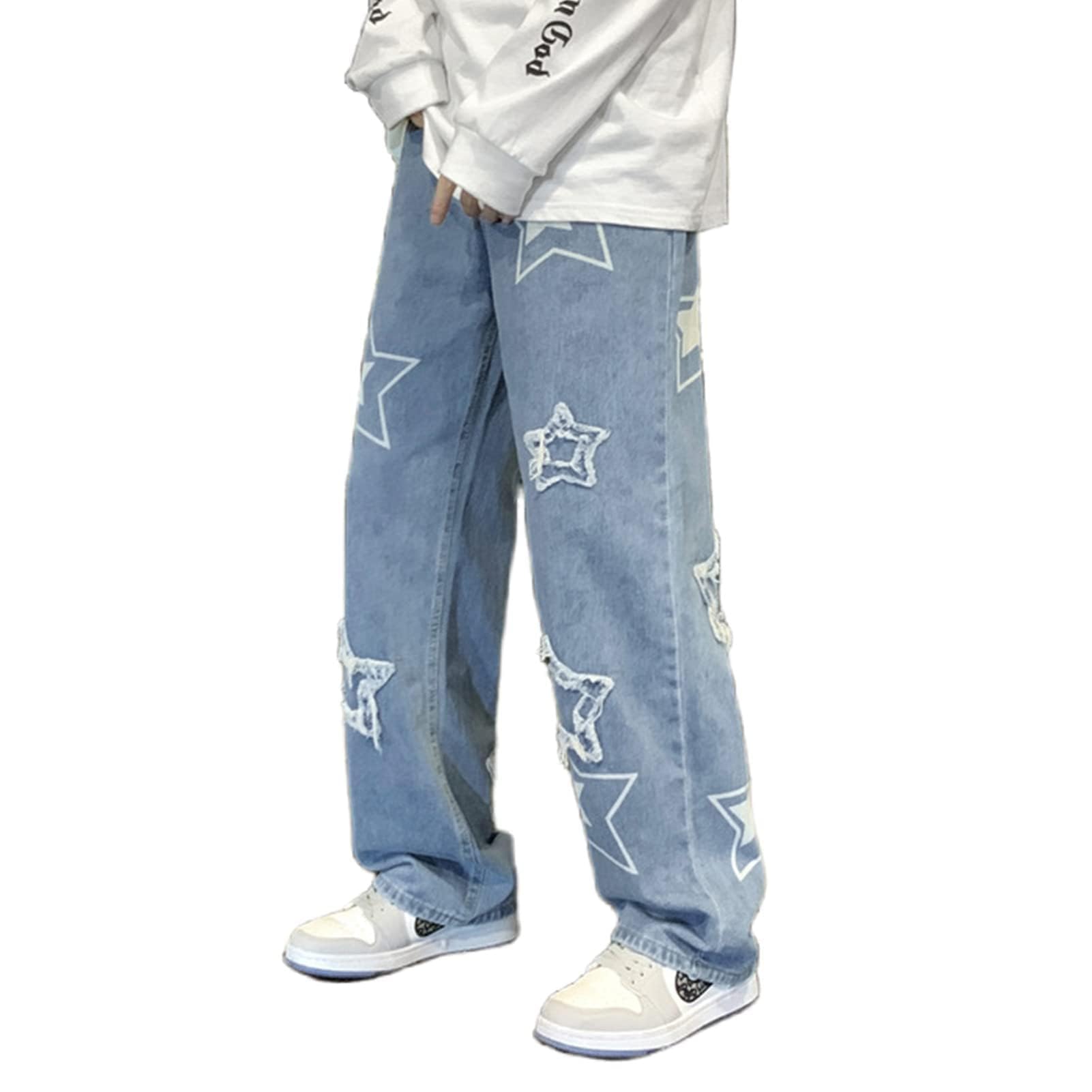 MAEHARRTY2k Jeans Men Aesthetic Blue Baggy Jeans Goth Vintage Street Loose Fit Star Graphic Pants Straight Trousers