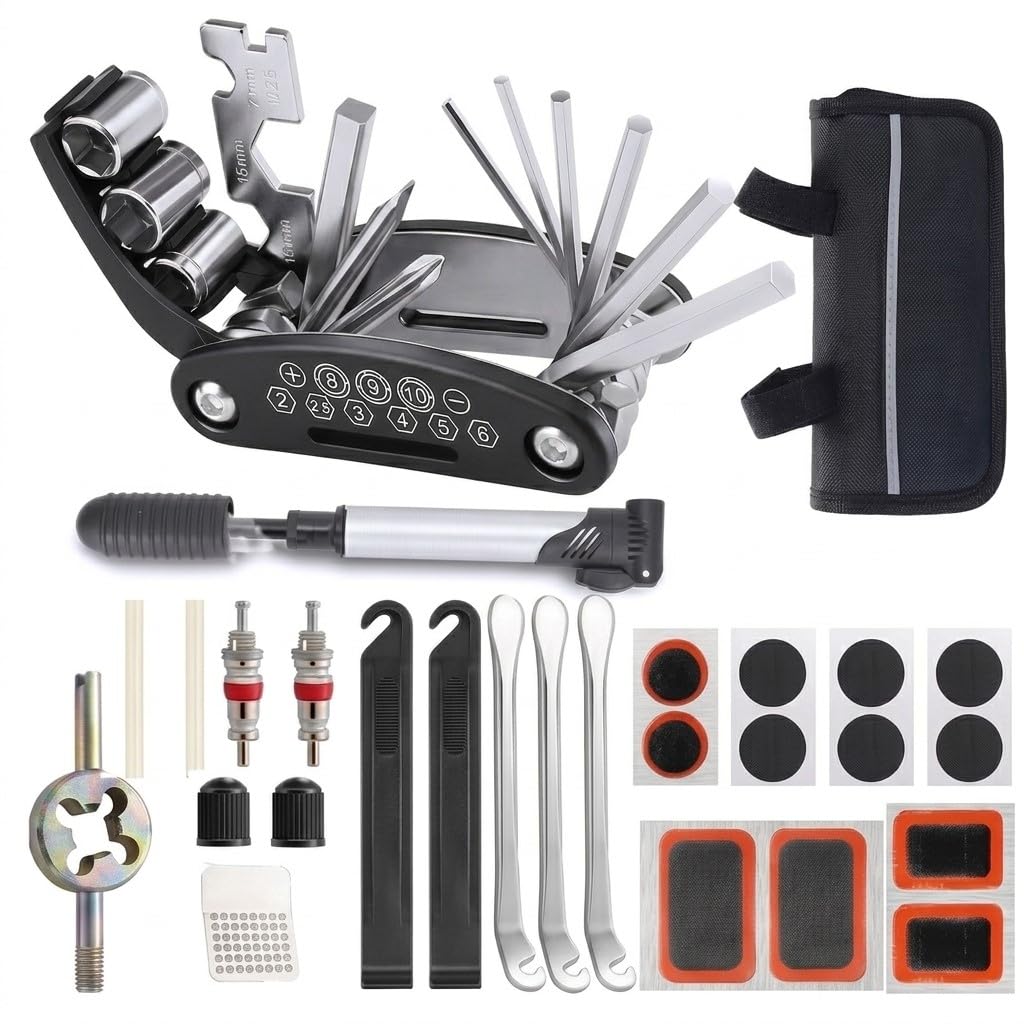 Kit De Réparation Vélo Tout-en-un – Outil 16 Fonctions – Mini Pompe Haute Pression – Rustines Autocollantes – Sacoche De Selle Imperméable