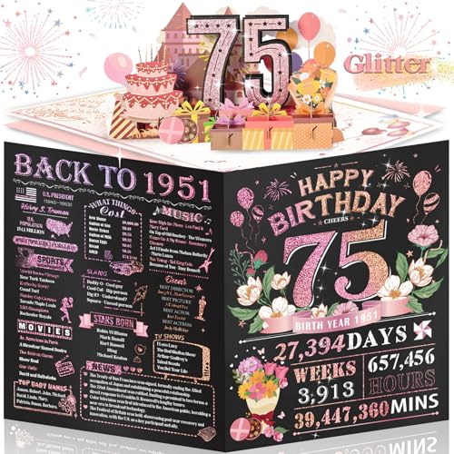 Aiunmiol 75th Birthday Card for Women Her, Large 3D Pop Up 75th Birthday cards for Mom...