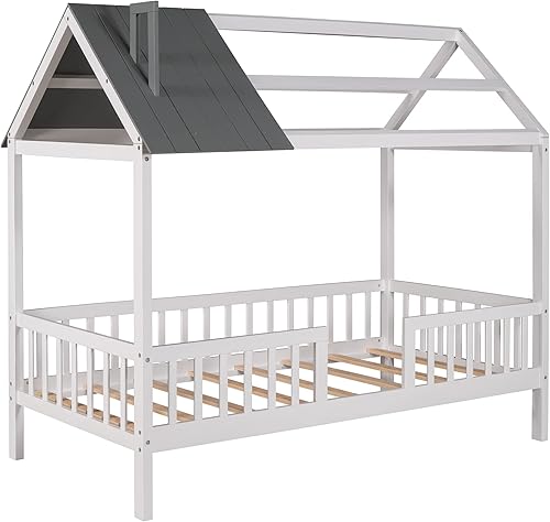 Miniatura 35 de KLMM Cama de madera de tamaño matrimonial con valla y puerta, marco de cama de madera para niños o niñas, se puede decorar (valla blanca + puerta)