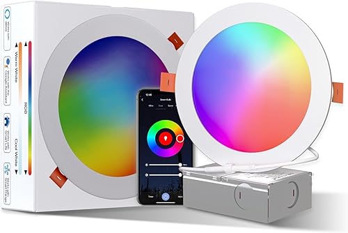 Miniatura 9 de ORALUCE Iluminación empotrable inteligente de 6 pulgadas, WiFi y Bluetooth que cambia de color, luces LED de lata, 13 W, 1050 lm, RGBCW, 2700-6500