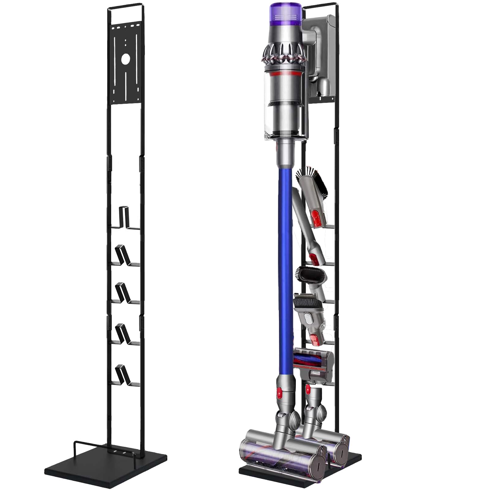 Vacuum Stand for Dyson V6, V7, V8, V10, V11, V12, V15 Cordless Cleaners - Heavy Base Metal Bracket Holder with Trigger Lock, On/Off Control Clamp, Accessory & Attachment Storage