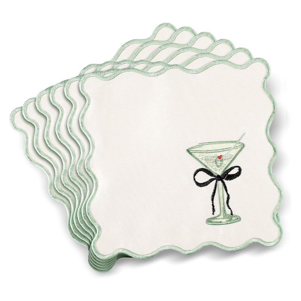 UDSKNV[KSL 6 Pcs Cocktail Napkins Cloth Scalloped Embroidery A Bit Older Party Supplies 6"X6" Washable Polyester Satin Cloth
