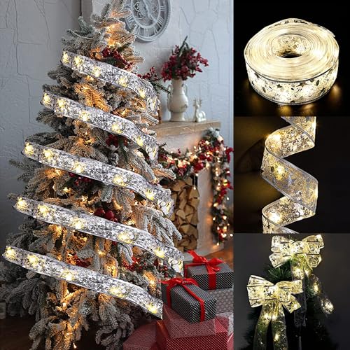 Glaxcidy Lumières de Ruban de Noël, 32,8 FT 100 LEDS Lumineuses à Ruban Brillant Avec 2 Modes, Arc en Dentelle DIY Décor, Fairy Lights For Garden Patio de Décorations de Sapin de Noël