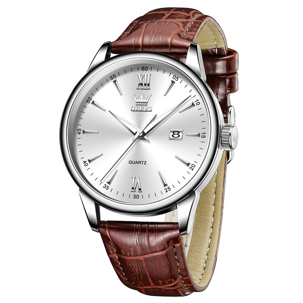 OLEVS Mens Watches Vintage Leather Band Dress Classic Easy Reader Arabic Numerals Analog Quartz Waterproof Date and Day