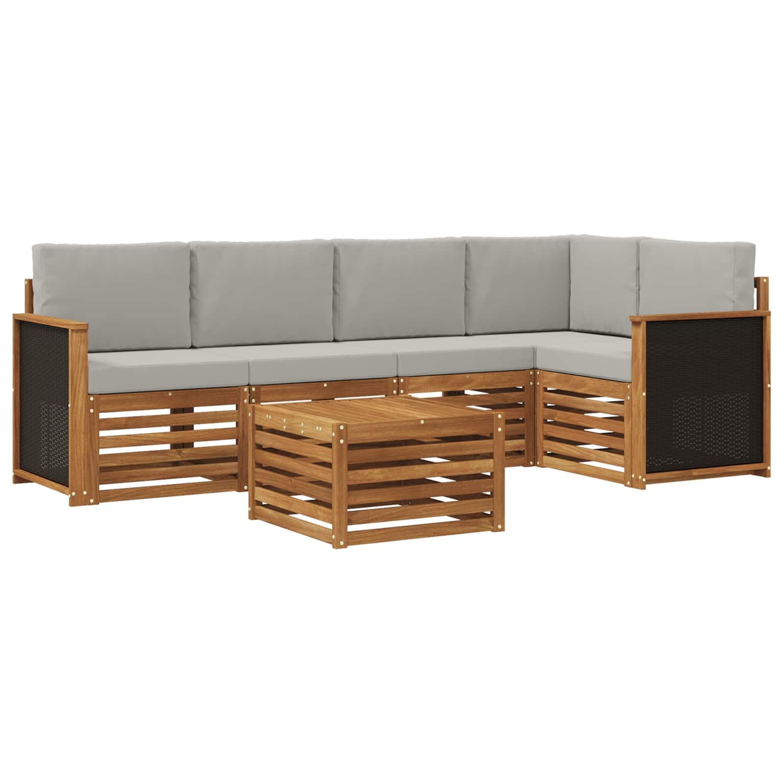 Ecksofa Set mit Kissen 5 pcs aus massivem Akazienholz natürlich hellgrau, modulare Sitzgruppe mit Tisch und Polster, wetterfestes Outdoor Möbelset für Garten Terrasse Wohnzimmer