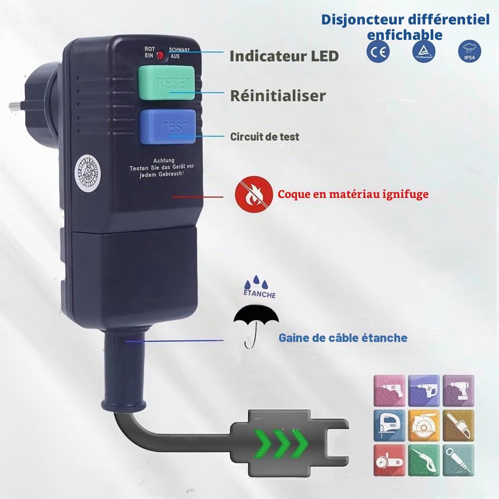 Plug-in RCD 30 MA Protection différentielle Prise de sécurité pour connecteurs fixes Pour alimenter les câbles en plein air Alimentation électrique