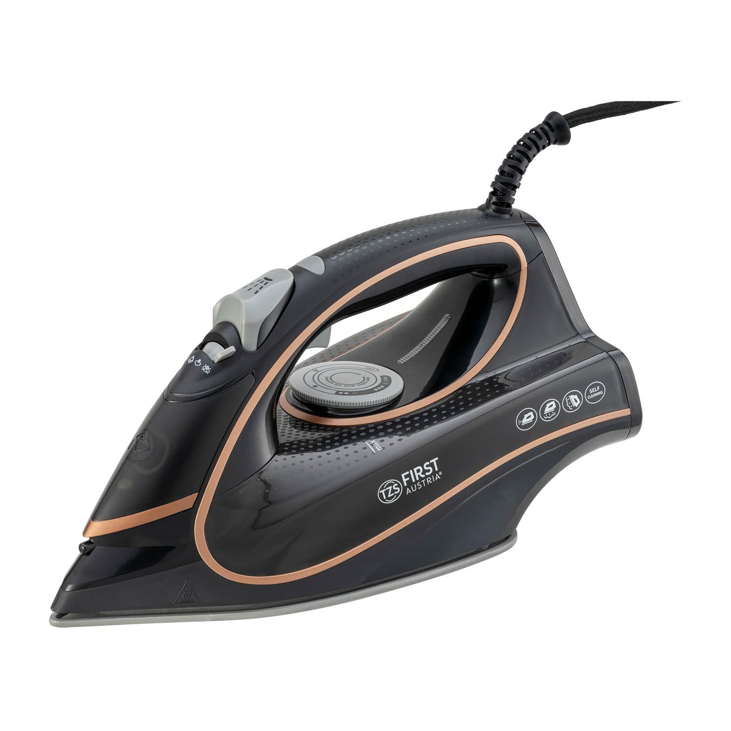 Ferro da stiro a vapore TZS First Austria I 2800-3200 W I piastra in ceramica I autopulizia I vapore verticale I anticalcare I stiratura a secco I serbatoio dell'acqua da 0,45 l I 1,3 kg
