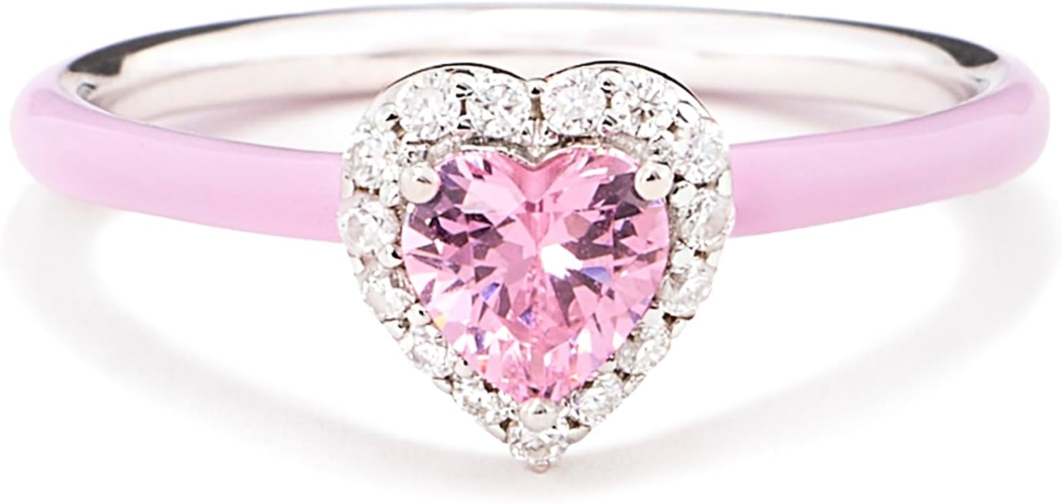 STORYJEWELLERY Heart Ring, 925 Sterling Silver Rings for Women, Pink Enamel Ring, Promise Rings for Her, Gifts for Women