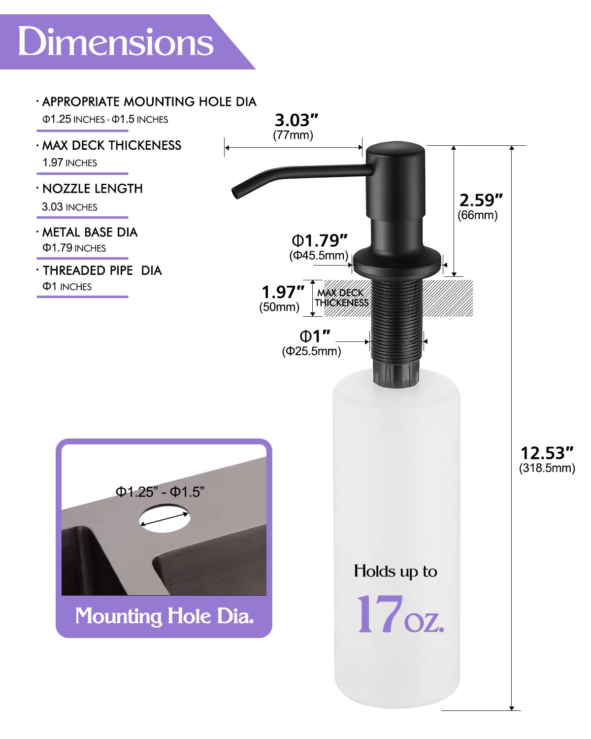 Dispensador de jabón para Fregadero de Cocina, Negro Mate, de Acero Inoxidable, para empotrar en la encimera, con Recarga Desde Arriba (Negro Mate)