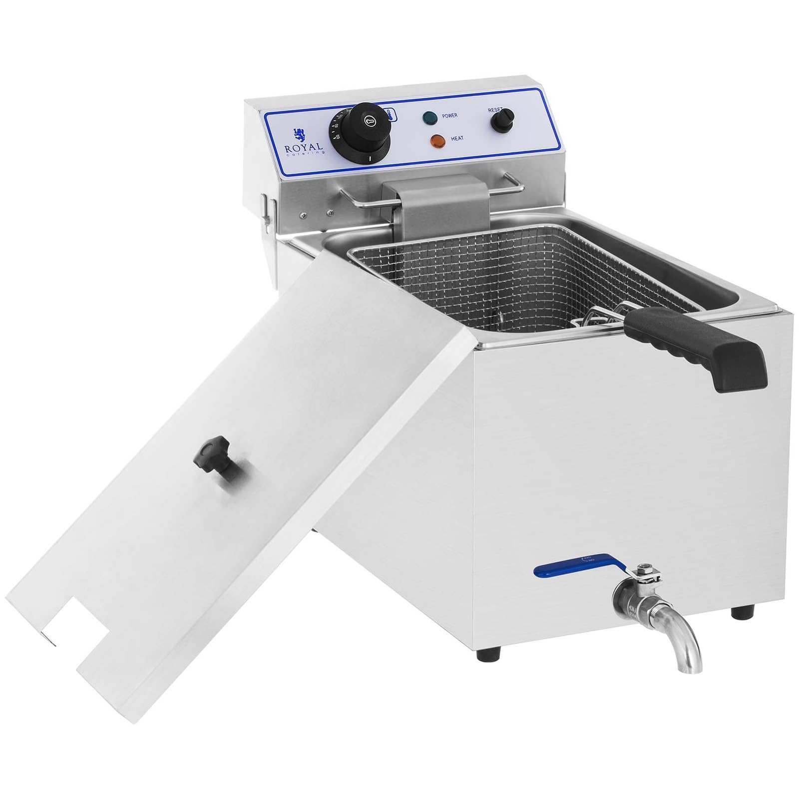 Royal Catering RCEF 15E Friggitrice Professionale Friggitrice Elettrica (17 L, 3.000 W, Termostato, Intervallo della temperatura 60-200 °C, Rubinetto di scarico) Acciaio Inox