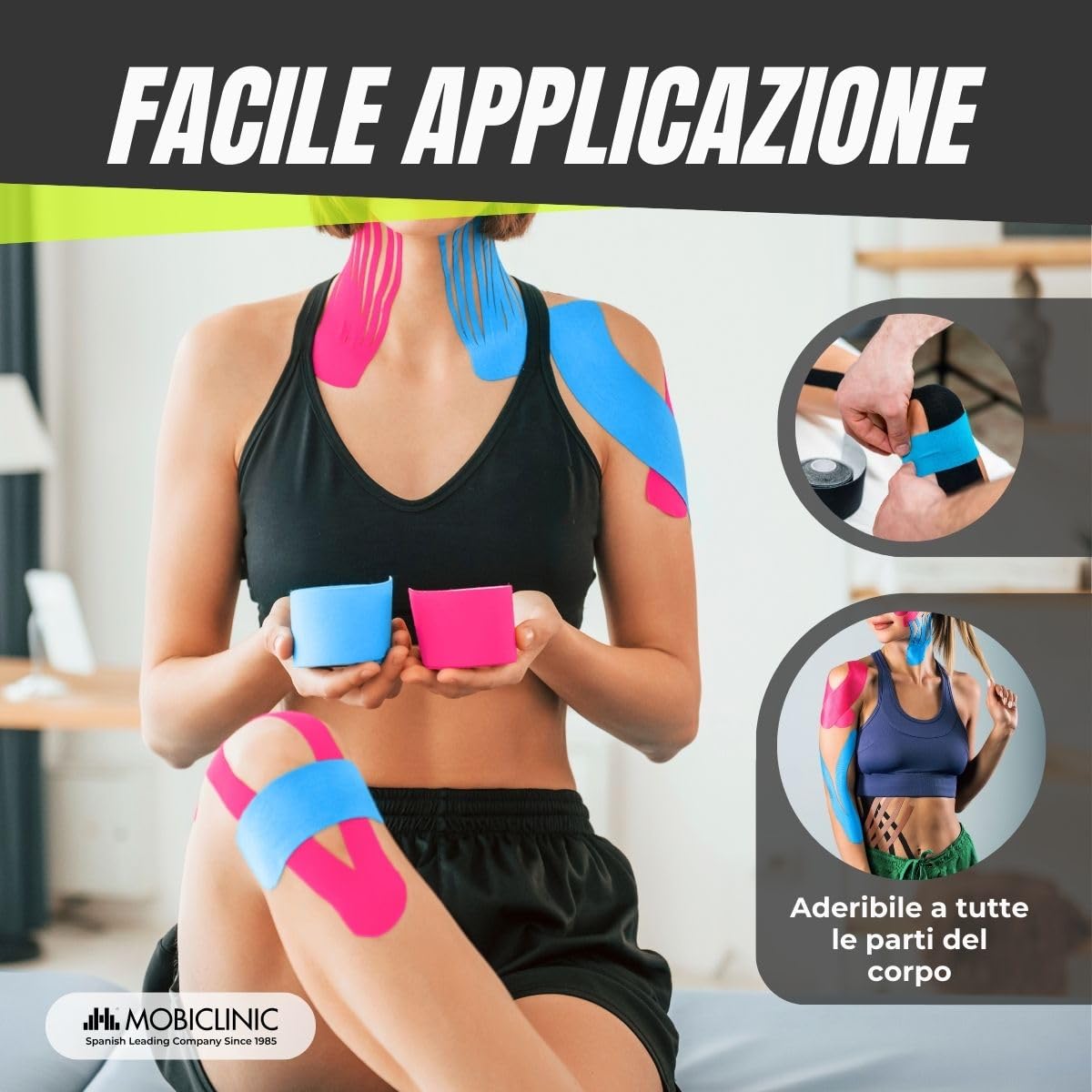 Mobiclinic®, Confezione da 12 rotoli di kinesiotape, Benda elastica autoadesiva, 5m x 5cm, Tape sportivo, Alleviamento del dolore muscolare, Bendaggio kinesiologico, Nastro