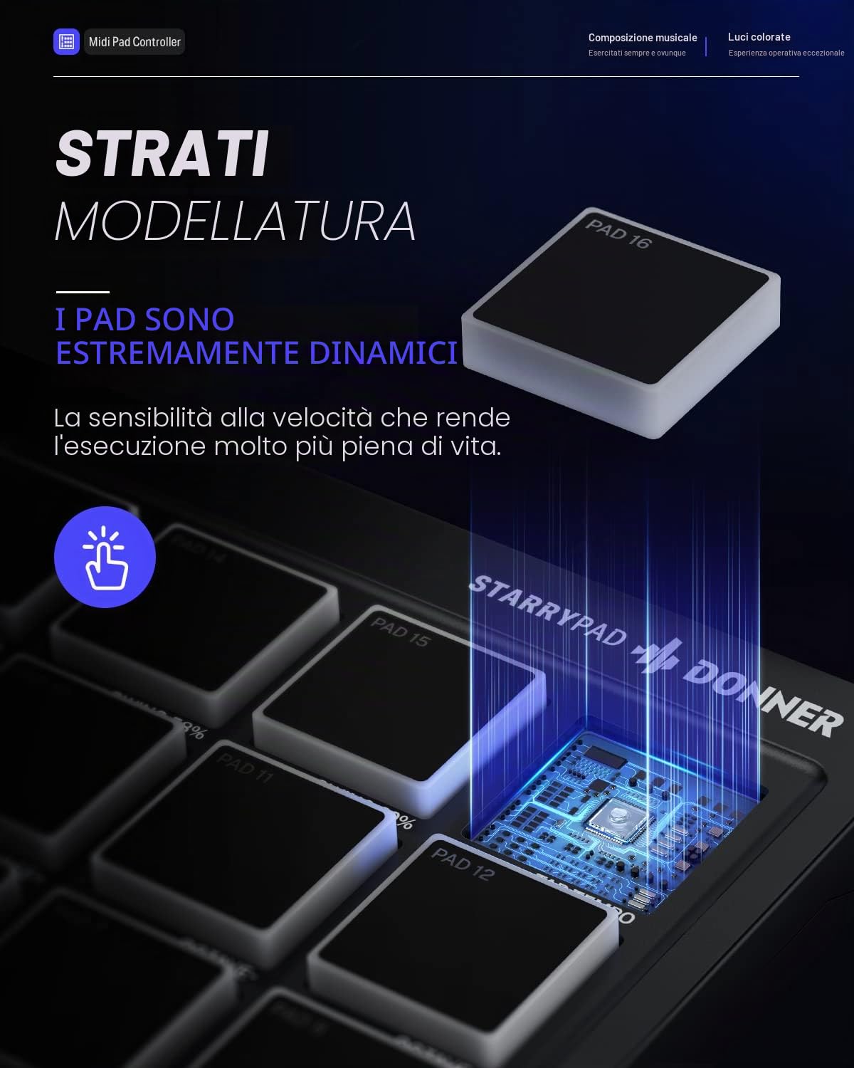 Donner Controller MIDI Pad Drum Pad Macchina, Professional USB Type-C Tastiera Beat Maker con 16 Pad, MIDI out, 2 Fader e Knobs Assegnabili (STARRYPAD MINI, Nero)