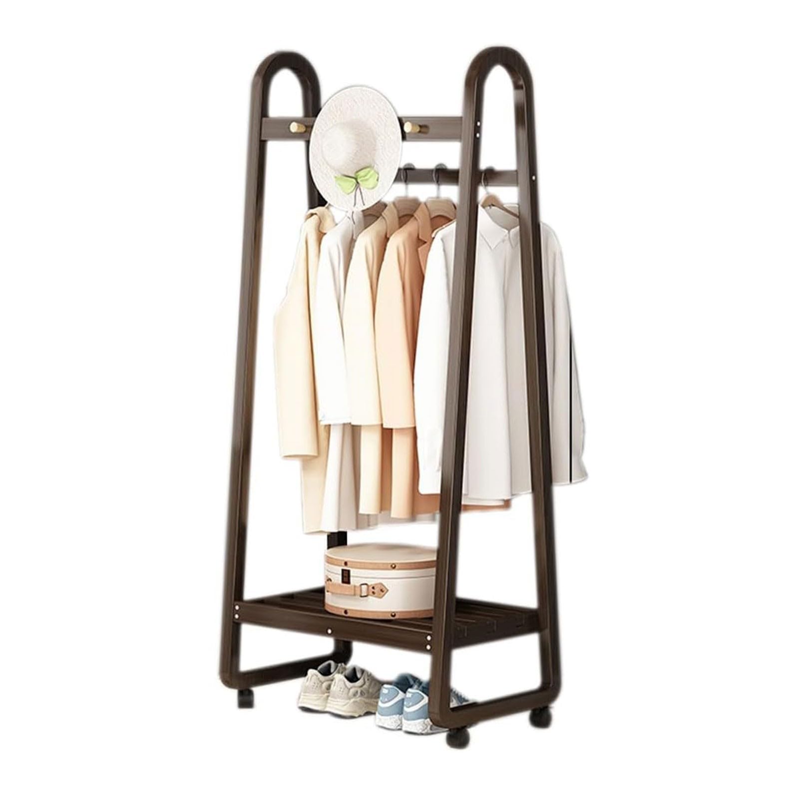 MYUYEE Mobile Bamboo Coat Rack On Wheels, Multifunctional Garment Rack With 3-5 Hooks And Shoe Shelf, For Bedroom Living Room, Walnut, 100Cm(Walnut-50Cm)