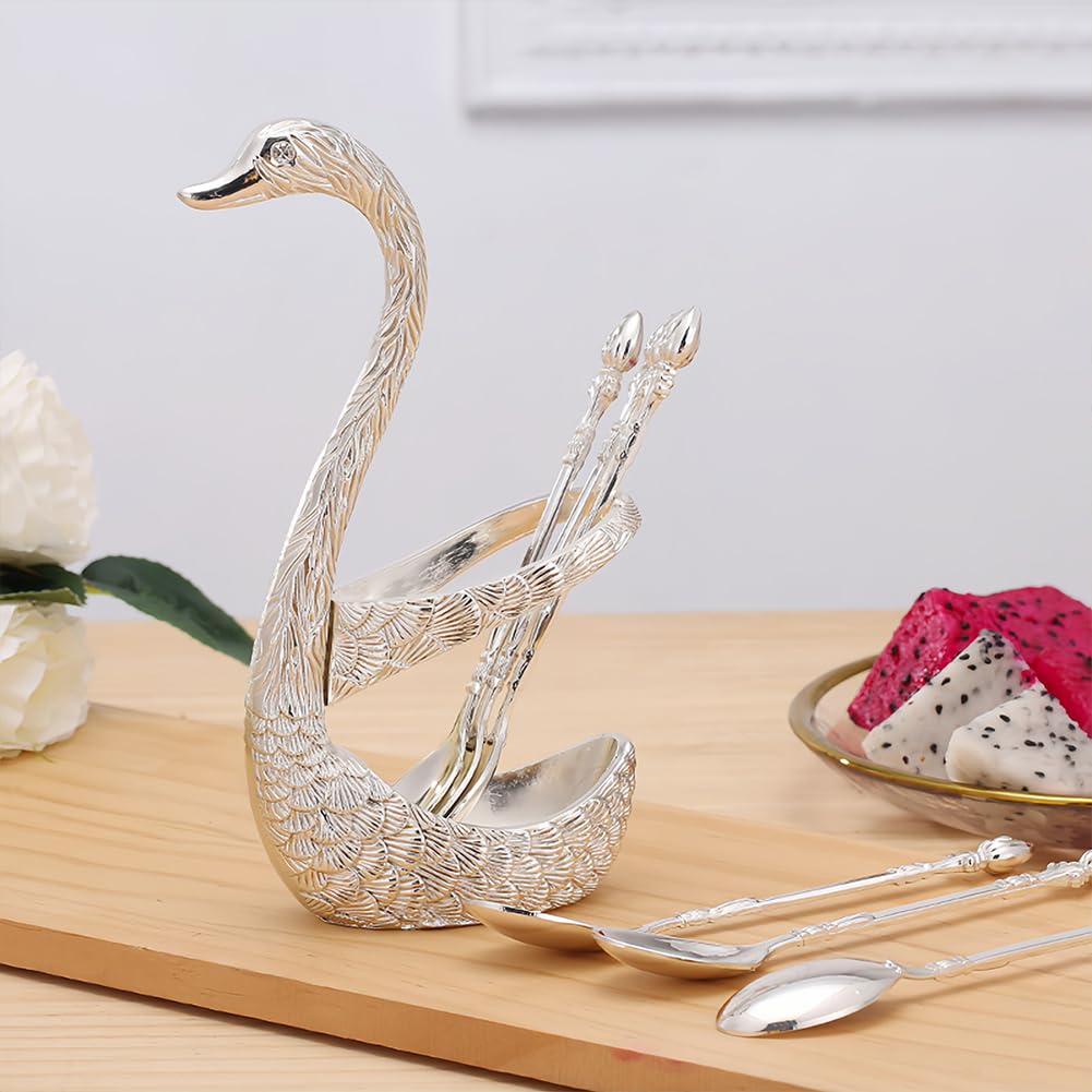 Set Di 7 Cucchiai Da Caffè Dorati Con Supporto A Forma Di Cigno – Posate Eleganti