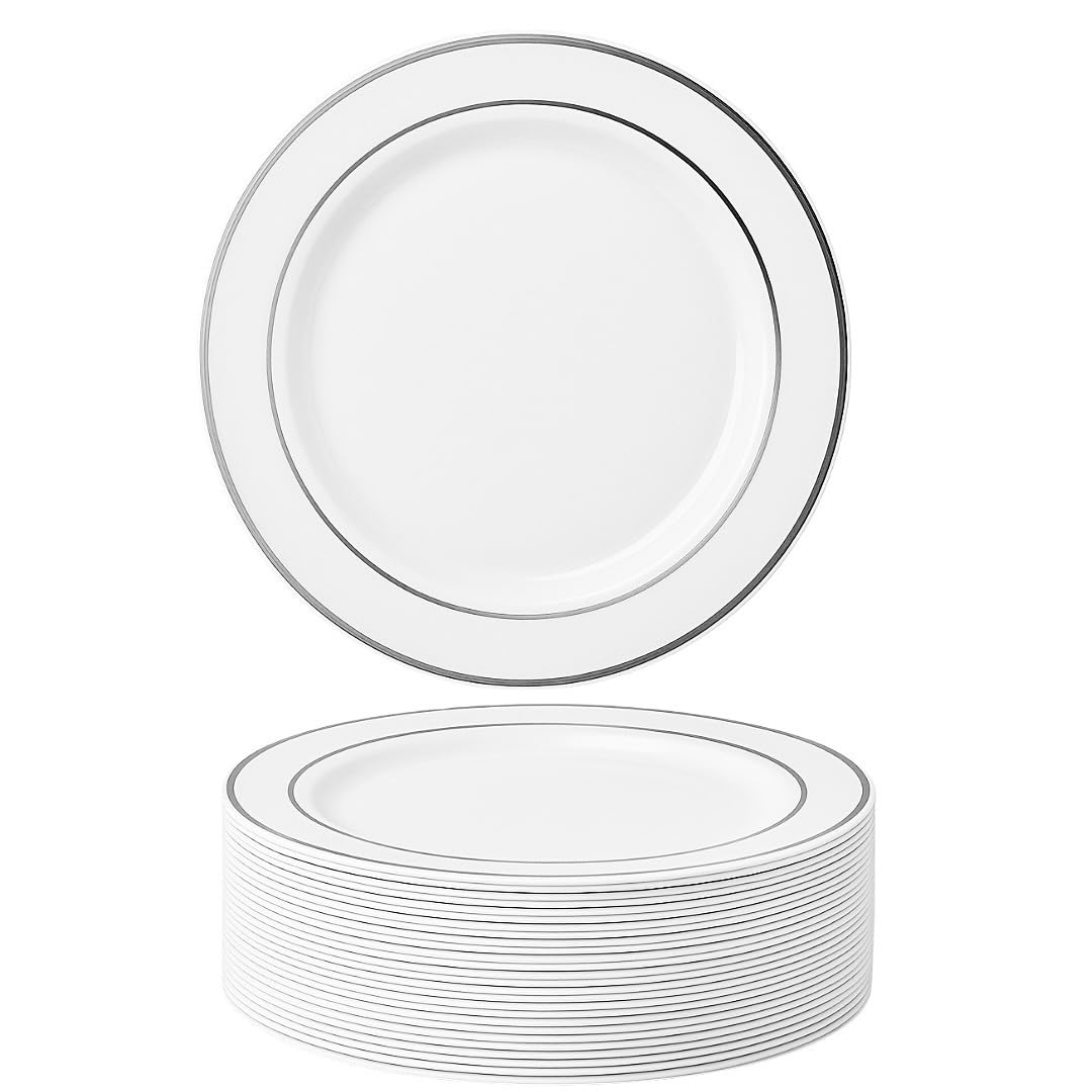 MATANA 50 Premium White Plastic Dinner Plates with Silver Rim, 26cm / 10 Inch - Elegant & Reusable Party Plates for Weddings, Birthdays, Picnic, BBQ, Parties