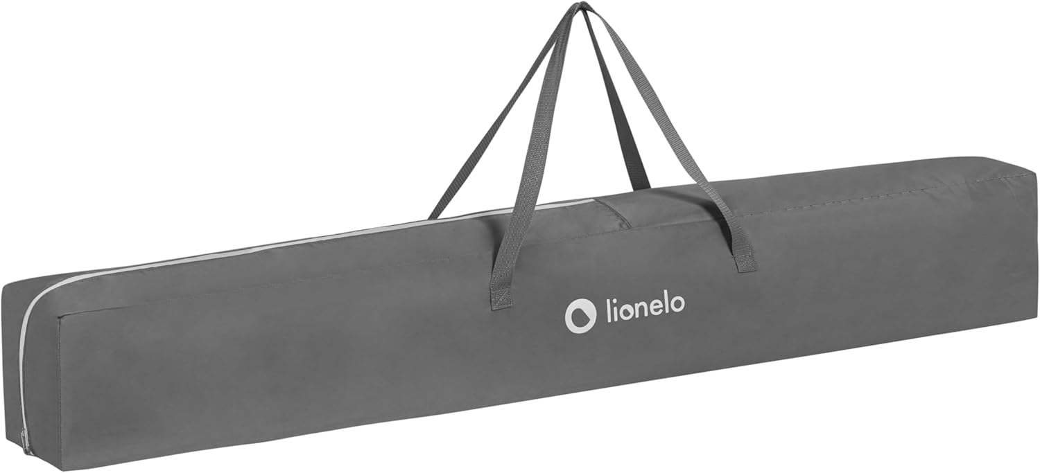 Lionelo WILLOW XL playpen folded and stored in its grey transport bag.