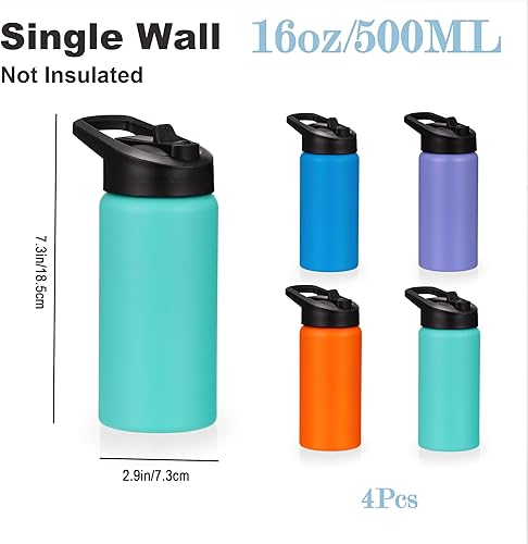 Miniatura 2 de Botella de agua para niños con tapa de popote y asa, paquete de 4, botellas de agua de acero inoxidable de 16 onzas a granel, aptas para