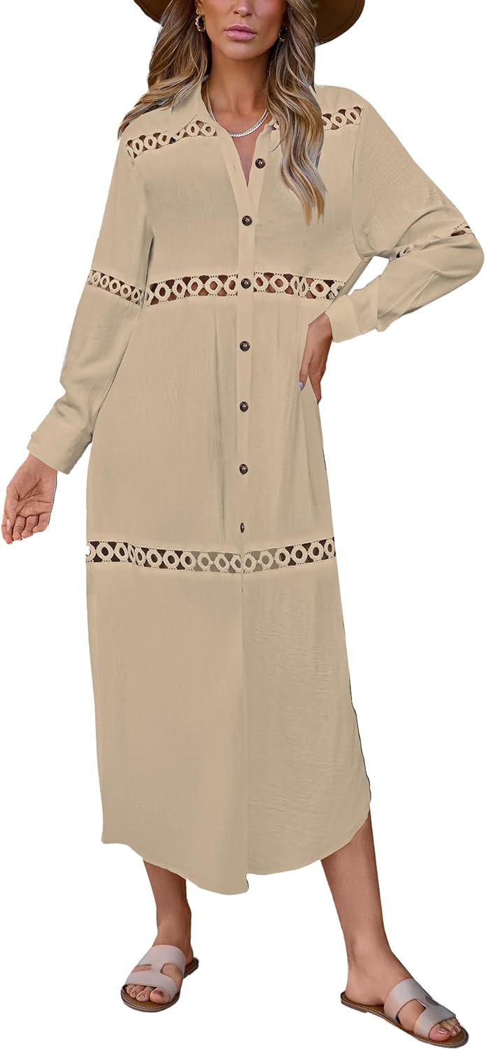 Bsubseach Long Beach Cover Ups for Women 2025 Button Up Dress for Swimwear Women Casual Kimonos Cardigan Bathing Suit Coverup