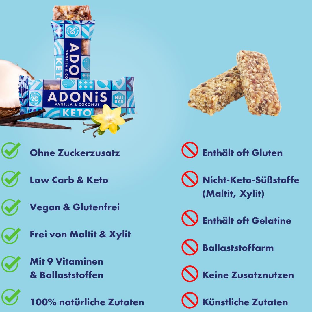 Adonis Keto Riegel Vanille- & Kokosnuss | 16x 35g | Keto Snacks | Vegan & 100% natürlich | Low Carb Bar und Low Sugar Snack | Perfect Keto-Diät Bars | Glutenfrei, ohne Zuckerzusatz (Vanille & Kokos)