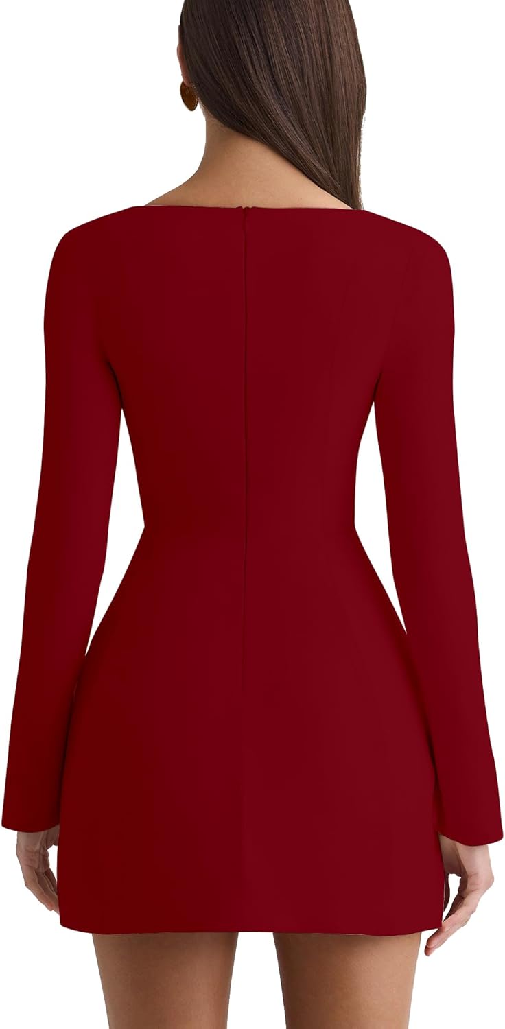 BORIFLORS Women's Fall Square Neck Long Sleeve Mini Dresses Corset Basic A Line Party Short Dress, Medium, Wine Red - Image 2