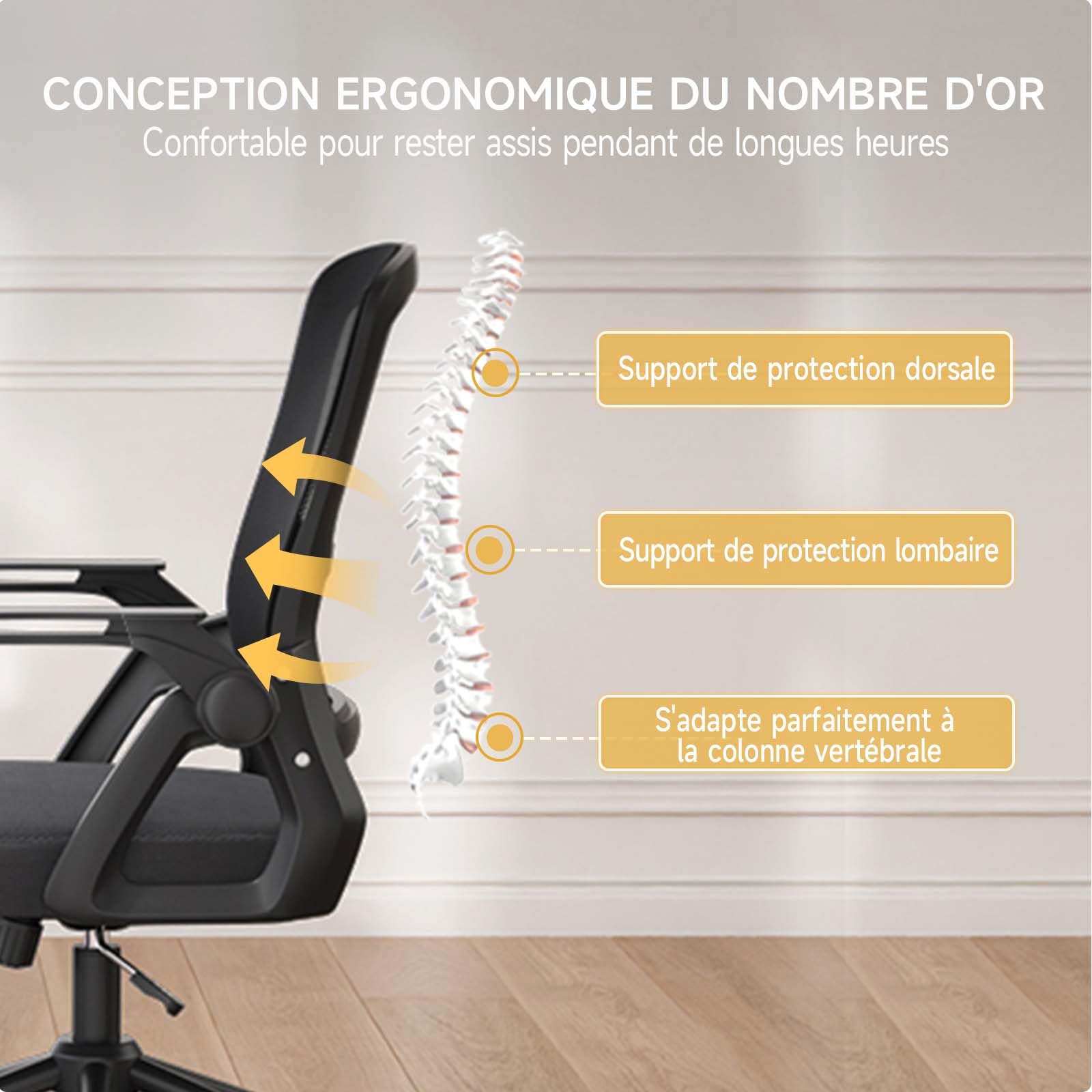 naspaluro Chaise Bureau Ergonomique avec Accoudoirs Pliants,à Hauteur Réglable Chaise de Bureau, Ergonomique en Maille Respirante avec Soutien Lombaire,Roulette Pivotant à 360°, Noir