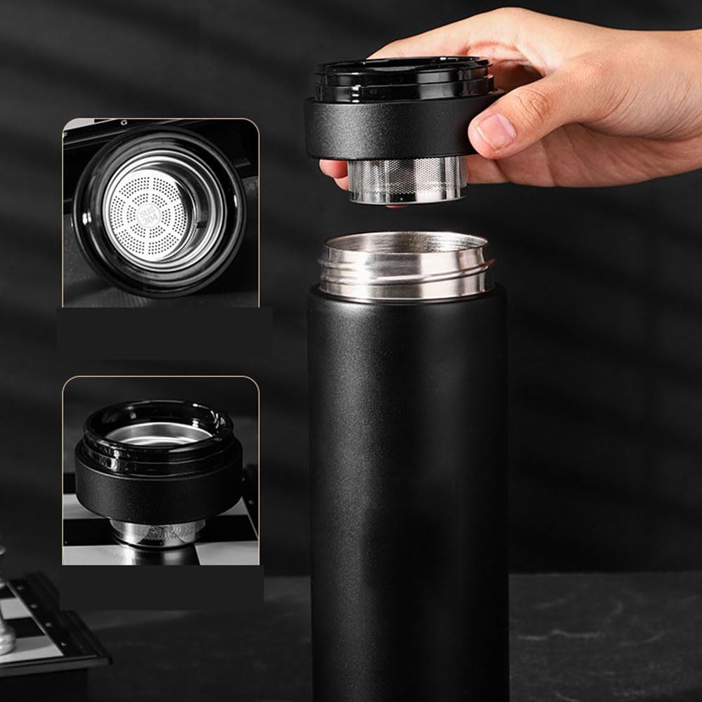 Termo Botella Termica Vaso Termico 500mL Vaso Café Taza de Viaje Inoxidable Antigoteo White Black con Hebilla de Bloqueo, con Desagüe para Té, Apertura de Tapa con Un Solo Clic,White