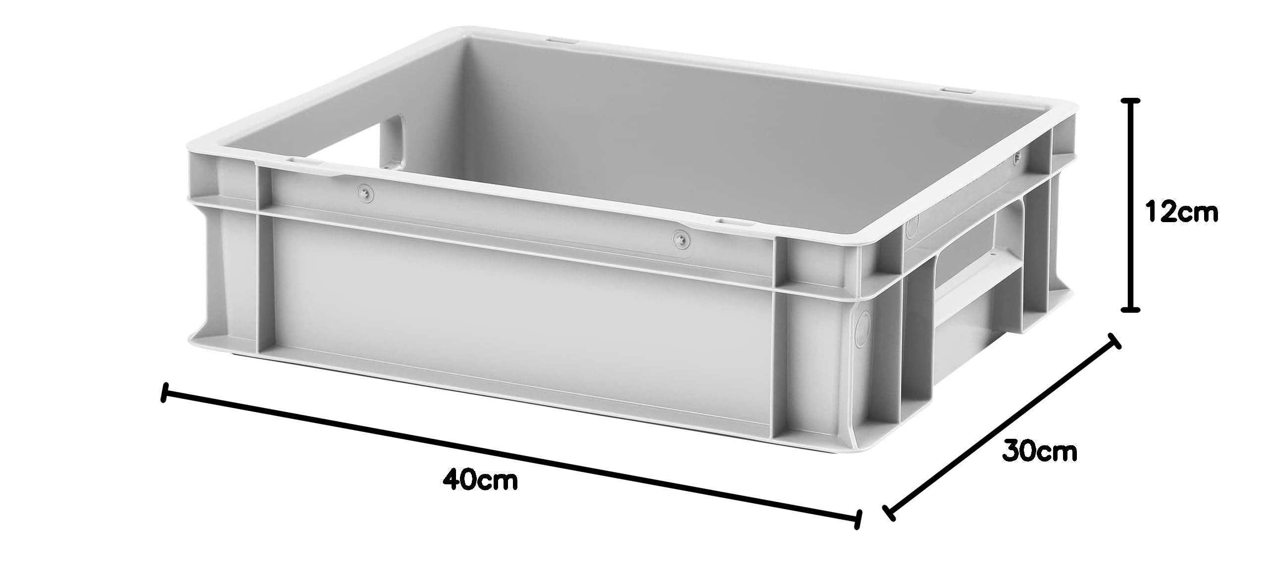 1a-TopStore 4 Stk. Euro-Stapelboxen EB-412, 400x300x120 mm (LxBxH), grau ähnl. RAL7001, aus Polypropylen, lebensmittelecht, 2 Handgriffe, ca. 11 Liter Vol.