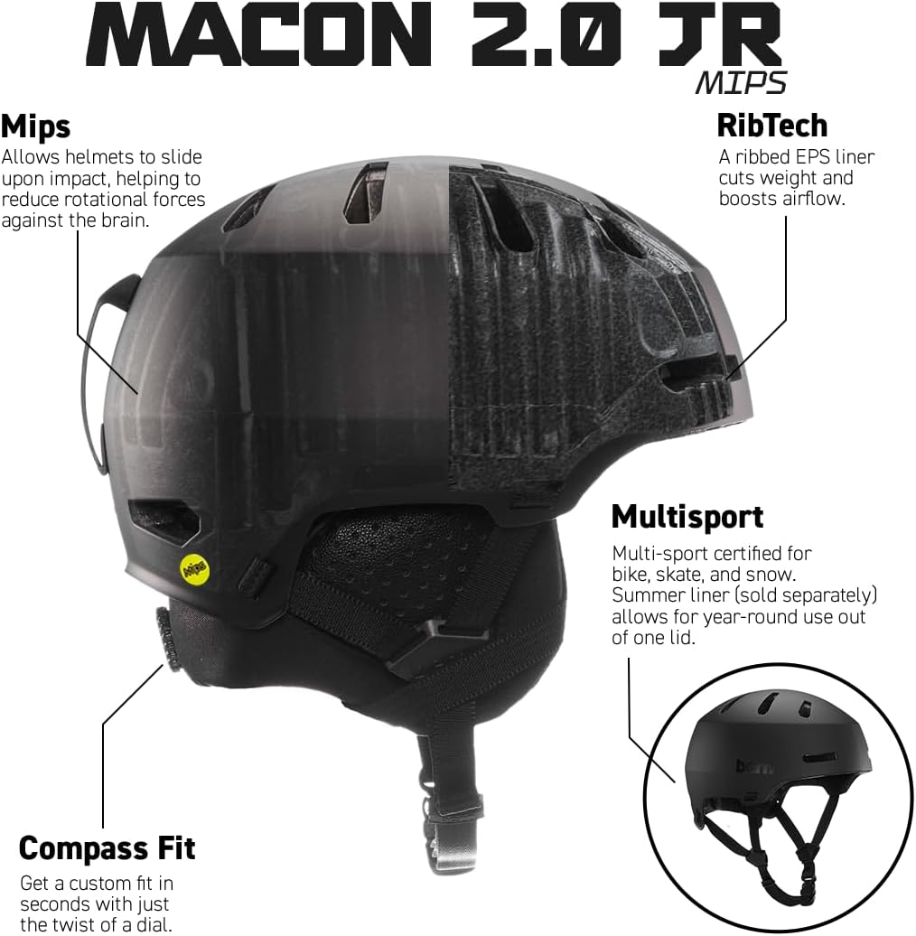 Bern Macon 2.0 Snowsports Ski and Snowboard Helmet for Men and Women, Brim Style, Multisport Certified, MIPS Rotational Impact Protection, Adjustable Fit, Removable Liner, Anti-Fog Ventilation