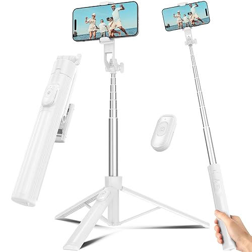 Selfie Stick Travel Tripod for Cell Phone with Remote Control and Phone Holder, Extendable Selfie Stick for iPhone, iPhone Tripod for Video Recording, 63 Inch, White - 63 inch - White