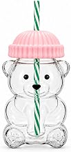 Bear Shaped Glass Cup with Straw & Lid, 400ml Borosilicate Glass Tumbler, Cute Teddy Bear Sipper for Iced Coffee, Boba Tea, Reusable Leakproof Drinking Cup for Women & Girls (Pink)
