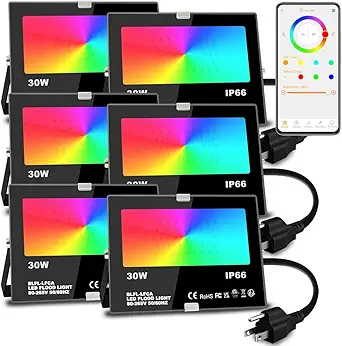 Led Flood Light 30W, 300W Equivalent 3000 LM Outdoor Color Changing Led Stage Landscape Lights, Bluetooth RGBW Smart Floodlights 2700K & 16 Million Colors&Timing& Music Sync, IP66,US 3-Plug (6 Pack)