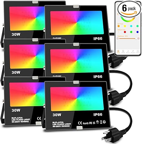 Led Flood Light 30W, 300W Equivalent 3000 LM Outdoor Color Changing Led Stage Landscape Lights, Bluetooth RGBW Smart Floodlights 2700K & 16 Million Colors&Timing& Music Sync, IP66,US 3-Plug (6 Pack)