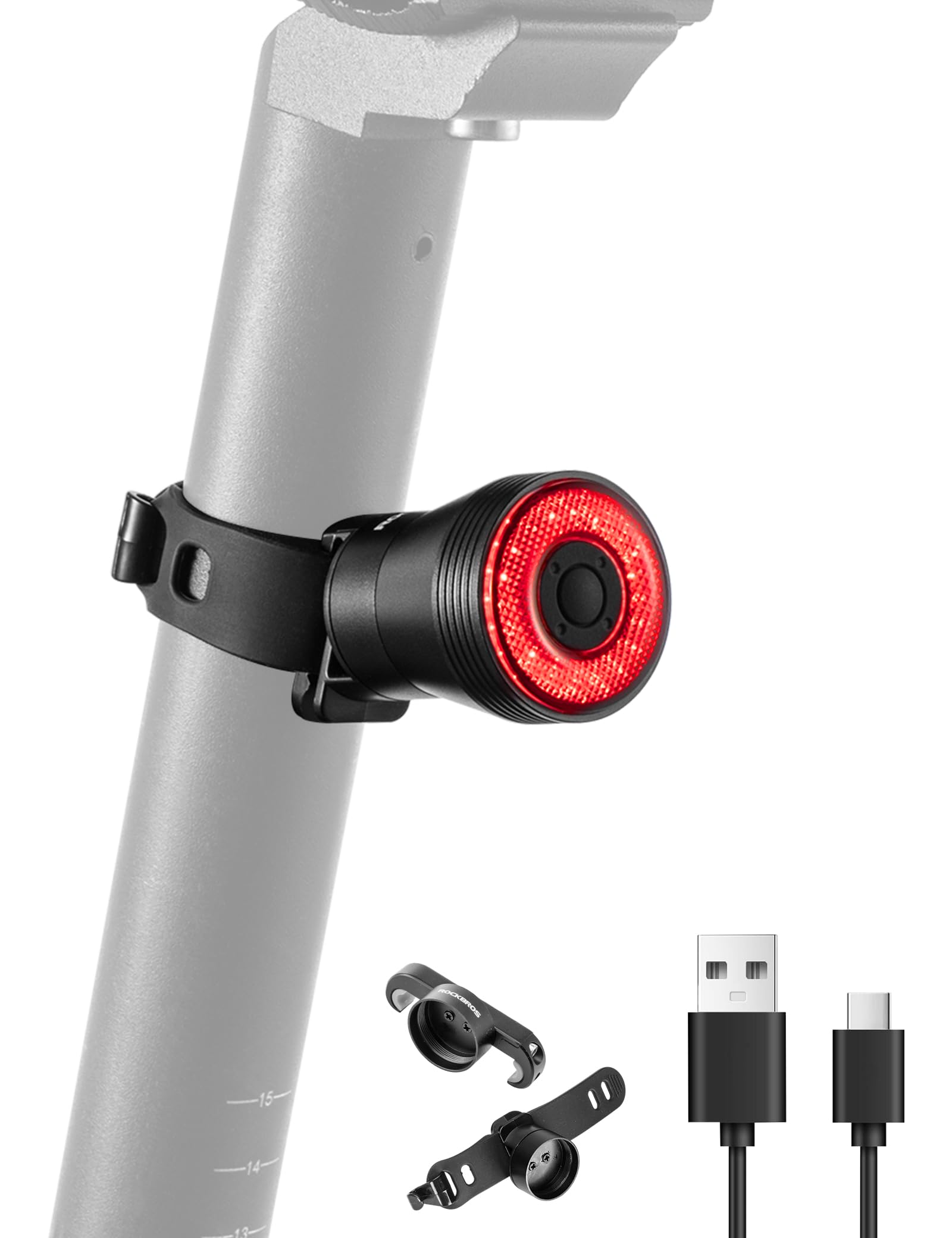 ROCKBROS Luz Trasera Inteligente para Bicicleta de 60 Lúmenes, Luz Inteligente Recargable USB-C con 4 Modos, Impermeable IP65, Detección de Frenado y Encendido Automático