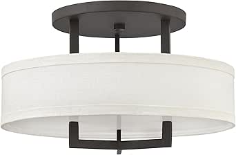 Hinkley Hampton Semi-Flush Three Light 20-in Dia. Ceiling Mount, Off-White Linen Drum Shade, Acrylic Diffuser, Buckeye Bronze Finish