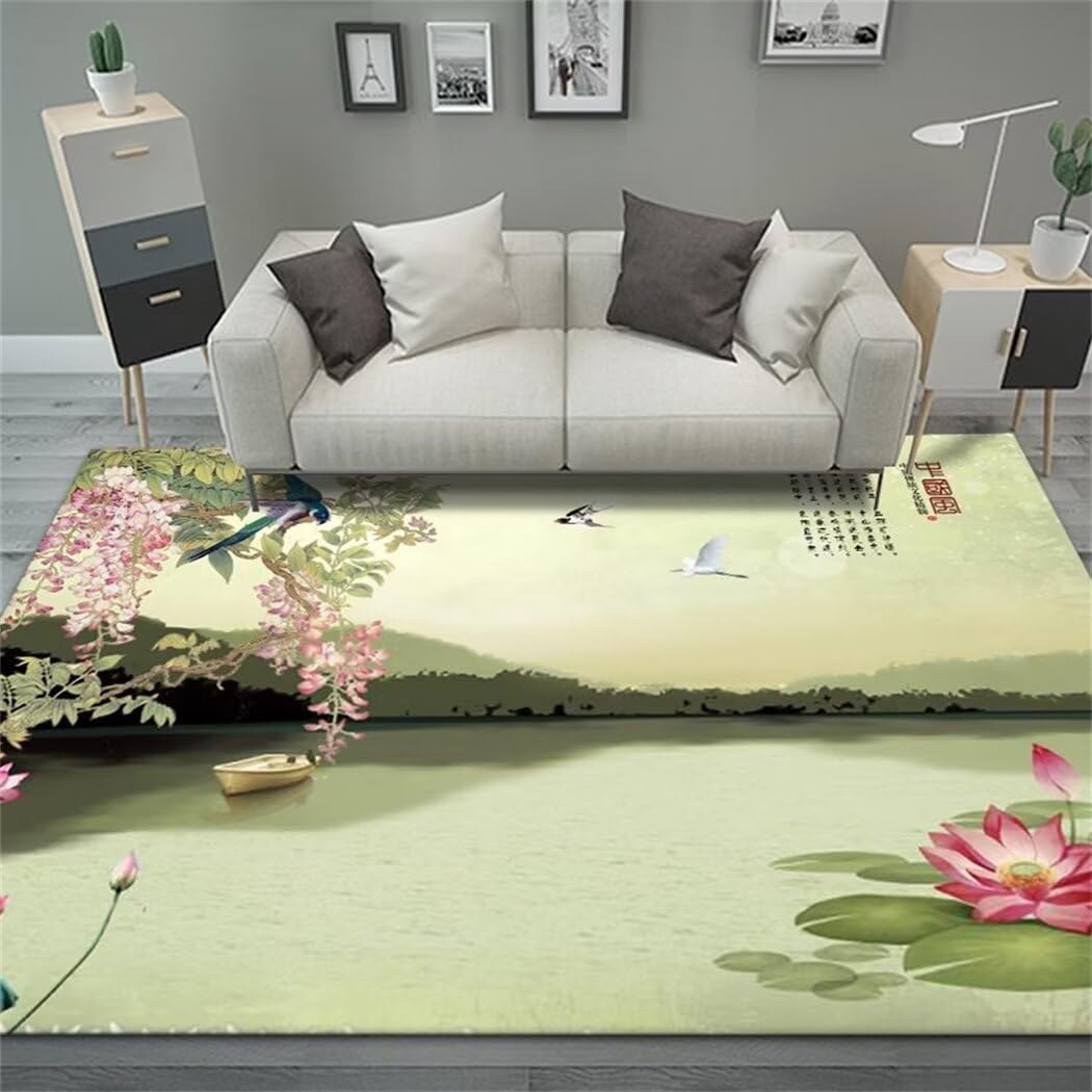 Tapis de couloir lavable et durable motif floral chinois vert 160x230cm