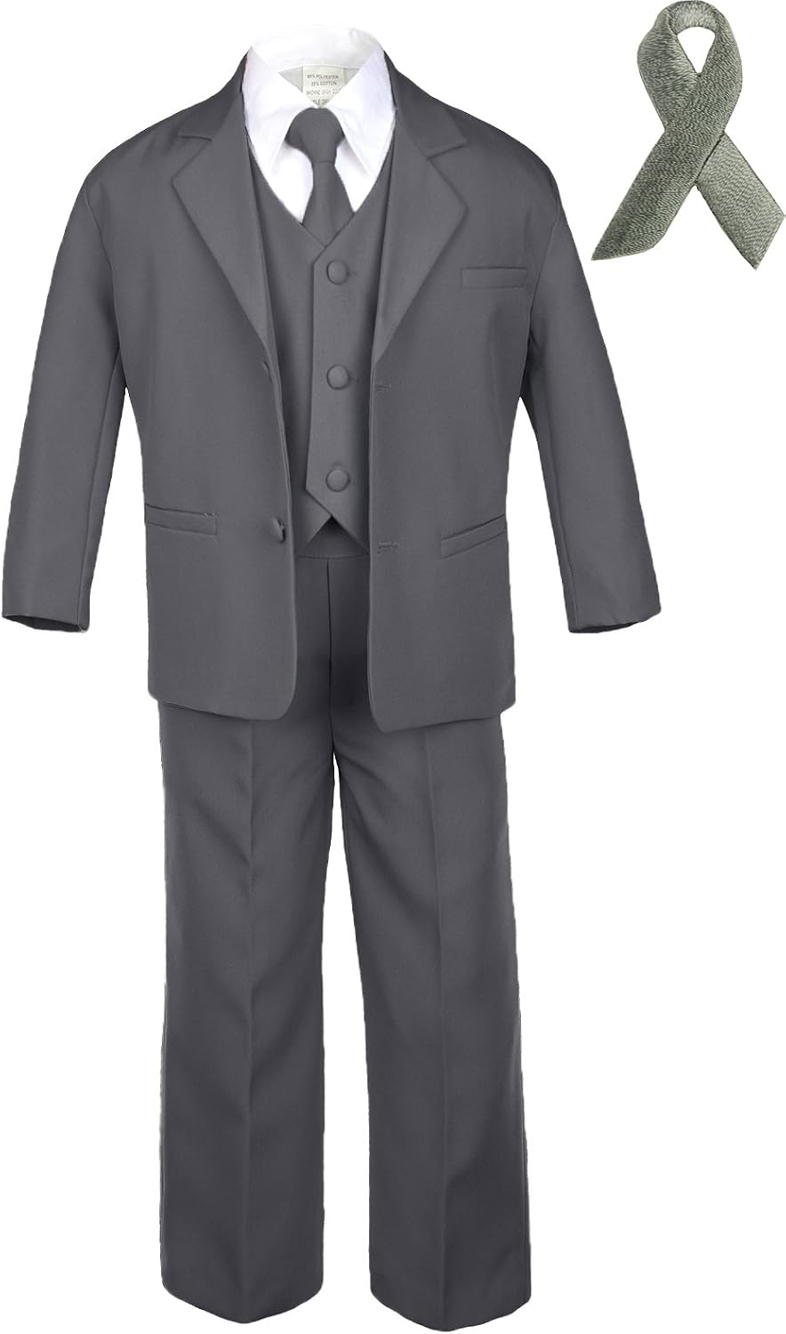 5pc Baby Boy Teen Dark Gray Suit Cancer Awareness Ribbon Adhesive Iron on Patch (6, Gray/Silver Ribbon)