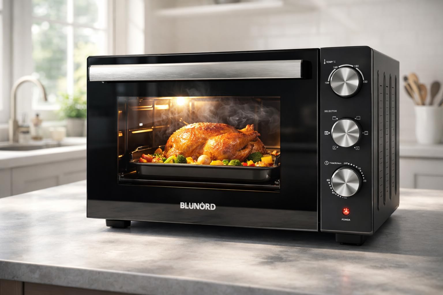 Forno Elettrico Ventilato 52L Doppio Vetro 6 Funzioni Cottura 90-230°C Timer 60 Min Luce Interna Pareti Antiaderenti