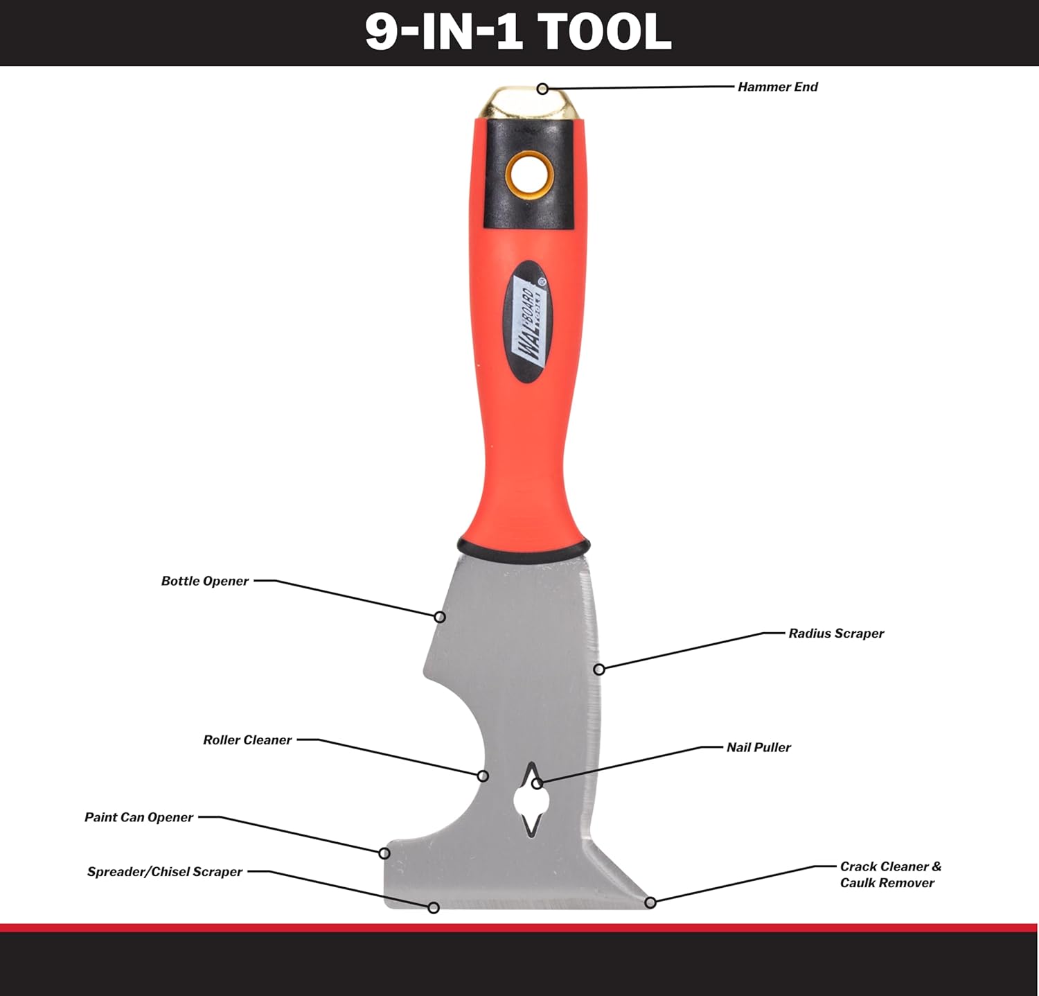 WAL-BOARD TOOLS 9 in 1 Painter's Tool, Soft Grip Hammer-End Multi-Purpose Walboard Painters Tool, Heat-Treated High-Carbon Steel Blade, Scraper and Putty Knife, 015-015