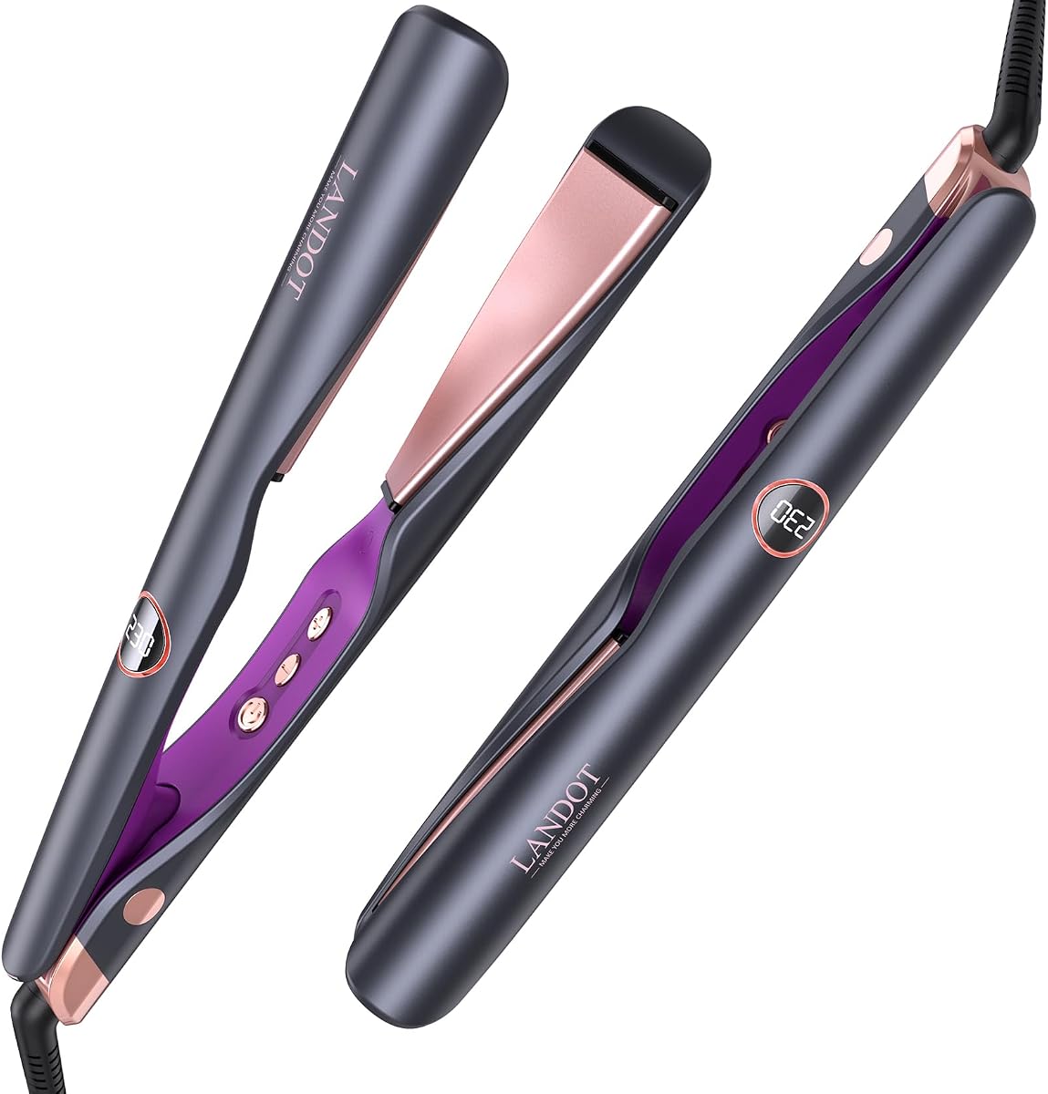 Plancha y rizador de cabello 2 en 1, plancha giratoria de cerámica de doble voltaje | Rizador plano, iónico antiencrespamiento, placas flotantes de deslizamiento suave, calentamiento rápido en 30 segundos, 12 temperaturas de 250 a 450 °F, todo tipo de cabello