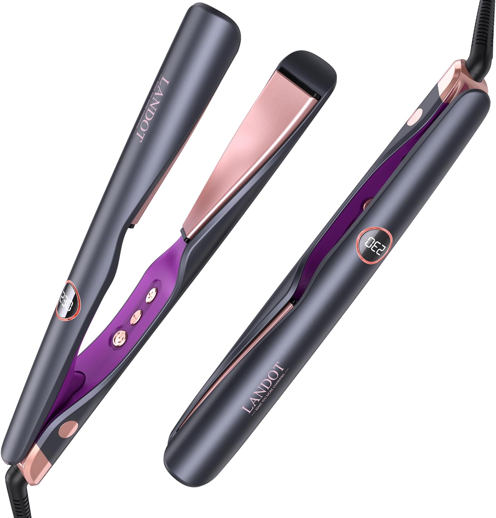 LANDOT 2-in-1 Hair Straighteners and Curler - Twist Floating Plates for Create Salon Waves, Curls, Straight Styles, Anti-Frizz & Tangle-Free | Dual Voltage, 12 Temp Settings 120-230°C All Hair Types
