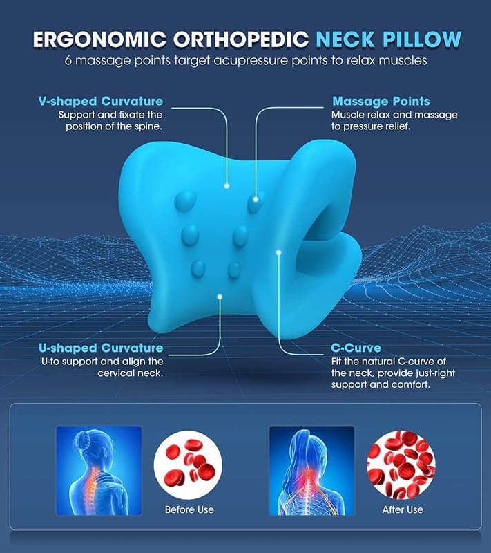 Image of Neck and Shoulder Relaxer, Cervical Traction Device for Pain Relief and Cervical Spine Alignment |Neck Stretcher Chiropractic Pillow Pain Relief Pillow (Blue, Women)