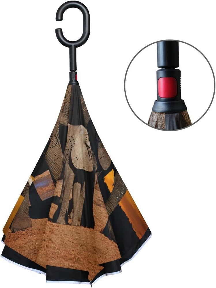 ALAZA African Elephant Sunset Landscape Inverted Umbrella, Large Double Layer Outdoor Rain Sun Car Reversible Umbrella