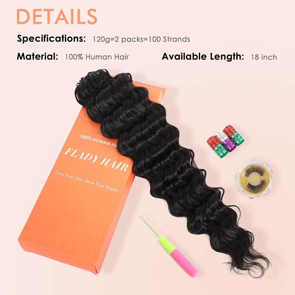 Flady 18 Inch Feather Crochet Human Hair Deep Wave Hair Bundles 120g Pre-Separated Pre Looped Human Crochet Hair for Black Women 100 Strands Miracle Knots Crochet Remy Hair Extensions Natural Black