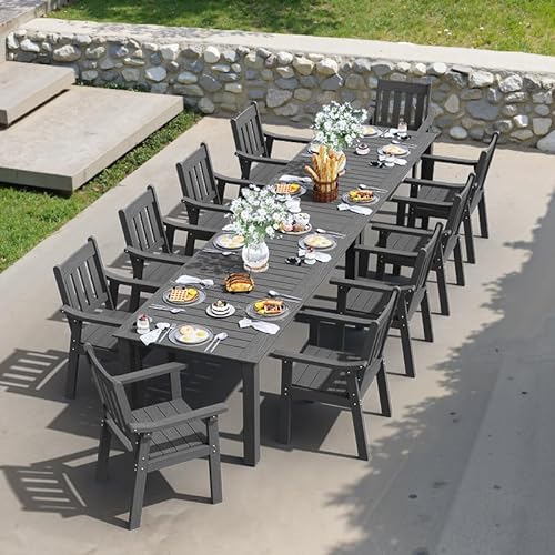 YEFU Outdoor Patio Dining Sets: All Weather 12 Piece Dining Table Set for 10 with Umbrella Hole & Aluminum Frame - Outdoor Furniture 2 Table and 10 Chairs for Outside Backyard/Porch/Deck Grey