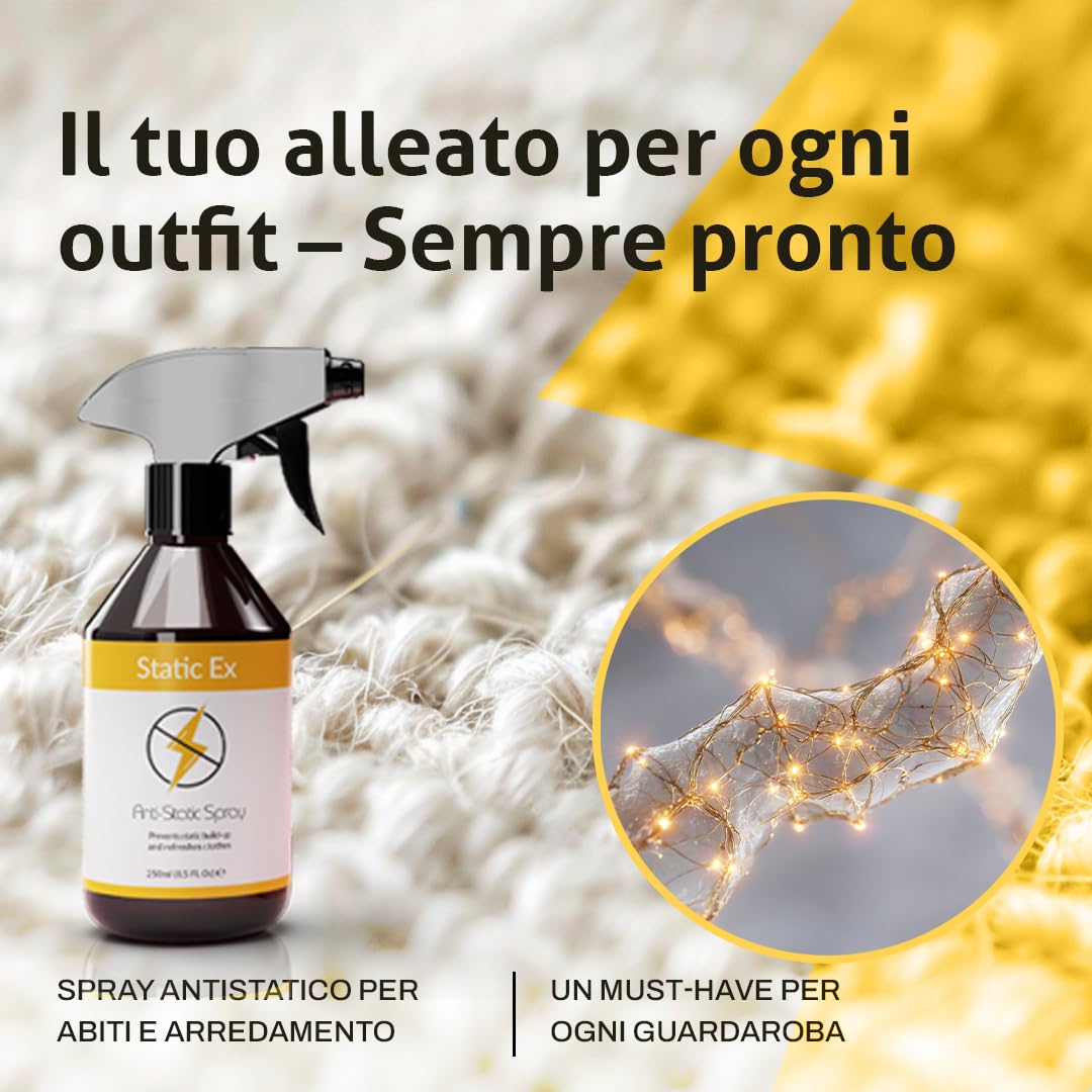 Spray Antistatico per Vestiti - 250ml - Elimina Elettricità Statica su Tessuti, Vestiti e Arredi - Formula Delicata e Inodore, Protegge e Rinfresca i Tessuti - Perfetto per Uso Quotidiano